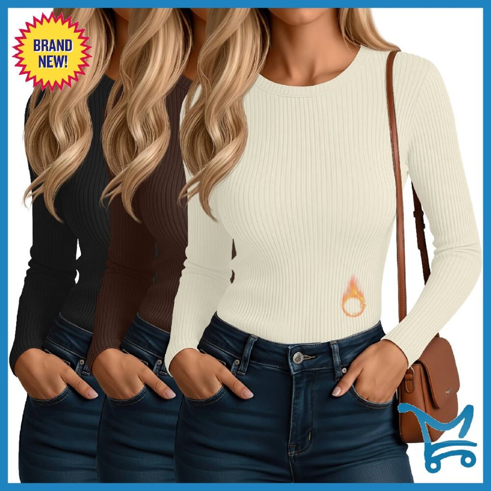 Women's Long Sleeve Thermal Tops 3 Pack Ribbed Fleece Lined Slim Fit